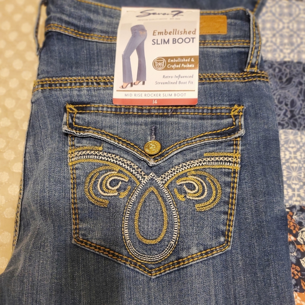 SEVEN7 medium wash distressed jeans. Rocker slim bootcut. Thursday wash color.